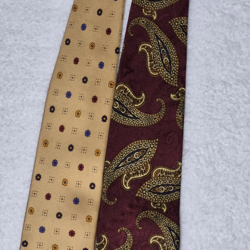 Lands' End Silk Ties Lot Of 2 Burgundy Paisley Yellow Blue Floral Workwear 60